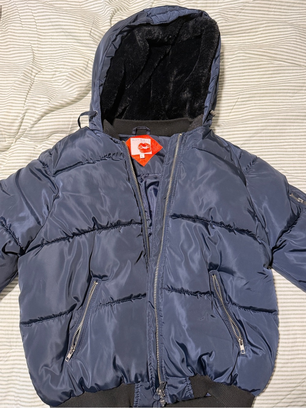 Navy Puffer Hooded Jacket with Fur Lining